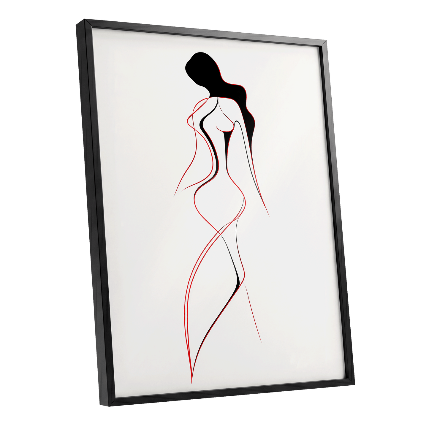 Scarlet Silhouette, black, red, beige minimalist wall art shown as a black framed poster wall art print