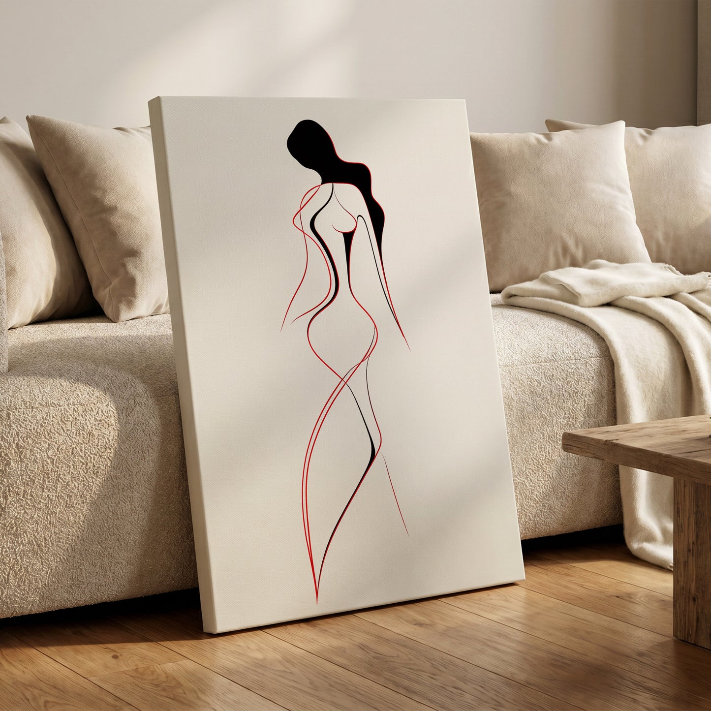 Scarlet Silhouette, black, red, beige minimalist wall art on canvas displayed in a styled interior, gallery view 1