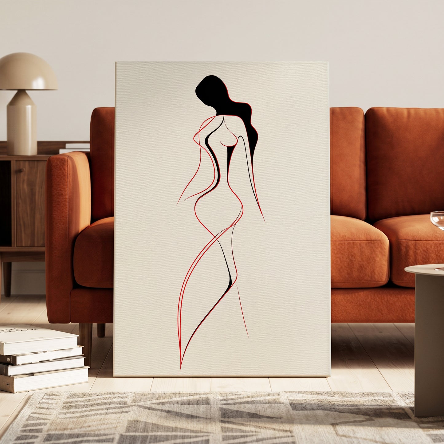 Scarlet Silhouette, black, red, beige minimalist wall art on canvas displayed in a styled interior, gallery view 2