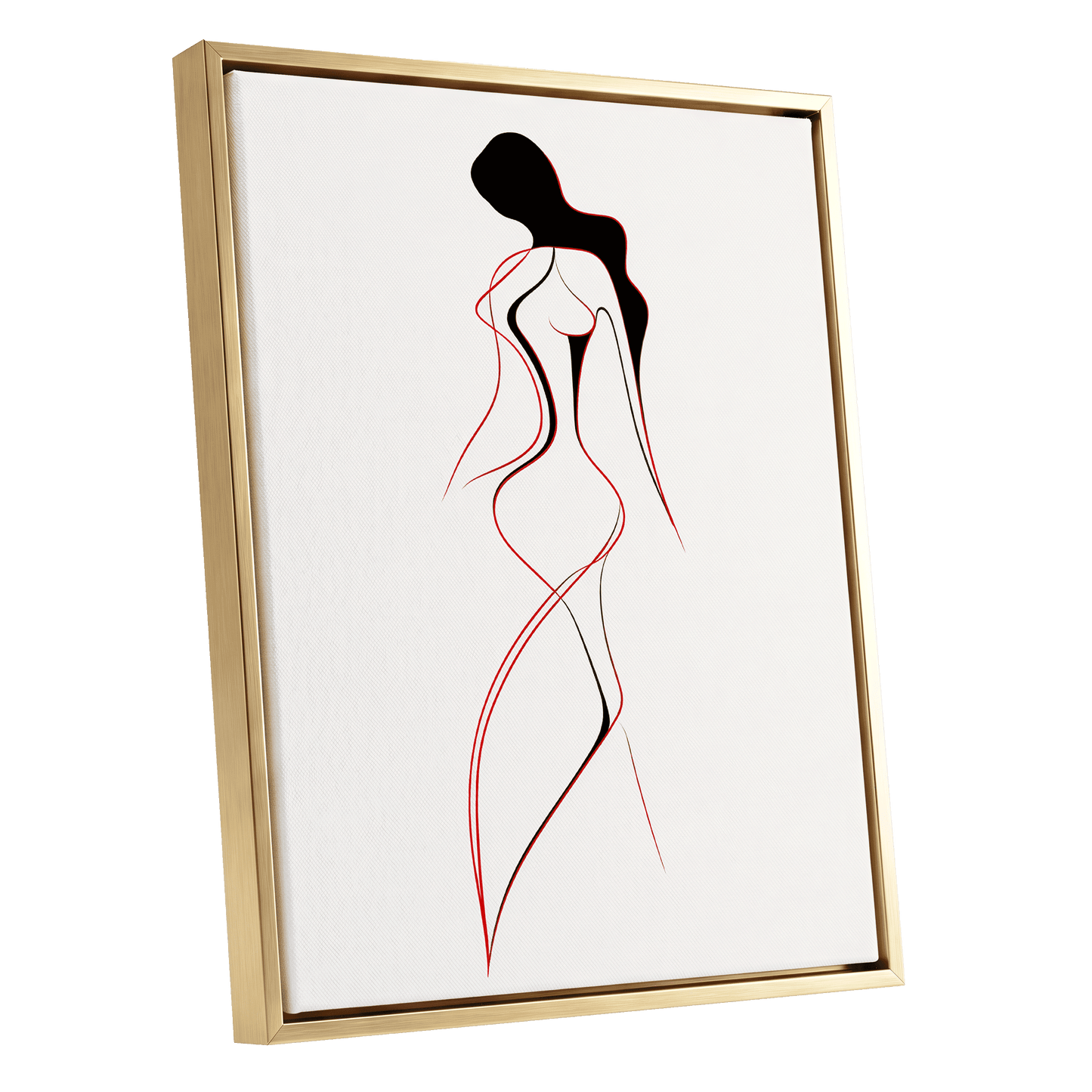 Scarlet Silhouette, black, red, beige minimalist wall art shown as a gold framed canvas wall art