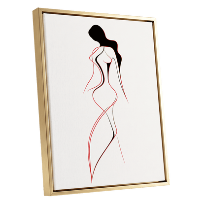 Scarlet Silhouette, black, red, beige minimalist wall art shown as a gold framed canvas wall art