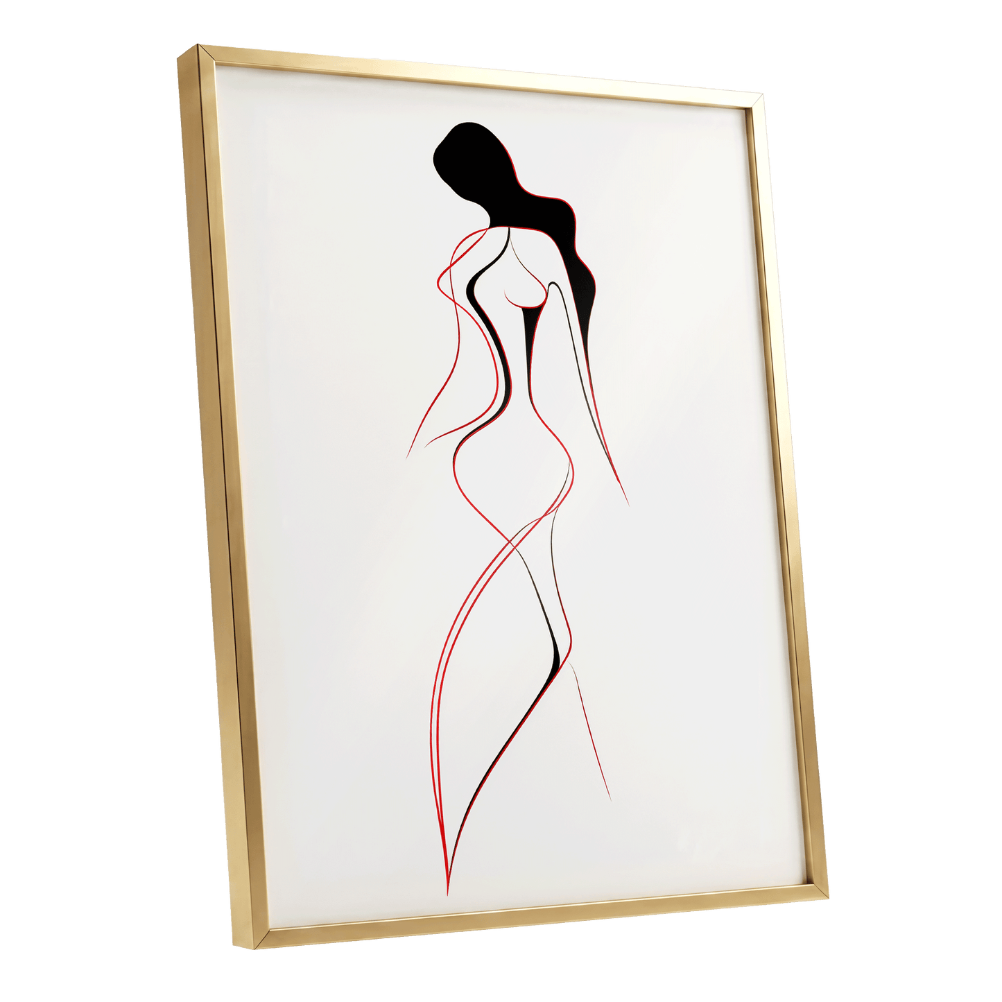 Scarlet Silhouette, black, red, beige minimalist wall art shown as a gold framed poster wall art print