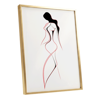 Scarlet Silhouette, black, red, beige minimalist wall art shown as a gold framed poster wall art print