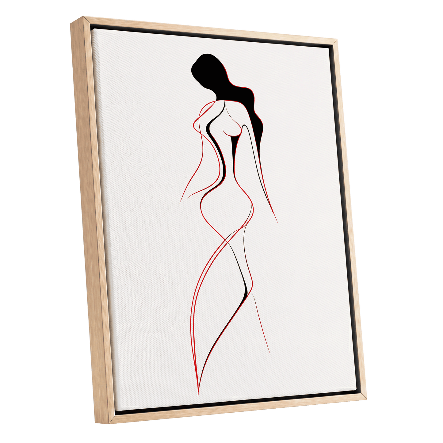 Scarlet Silhouette, black, red, beige minimalist wall art shown as a oak framed canvas wall art