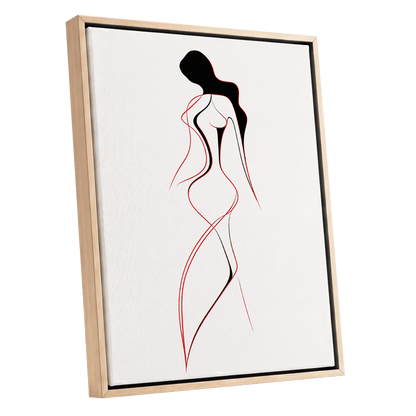Scarlet Silhouette, black, red, beige minimalist wall art shown as a oak framed canvas wall art