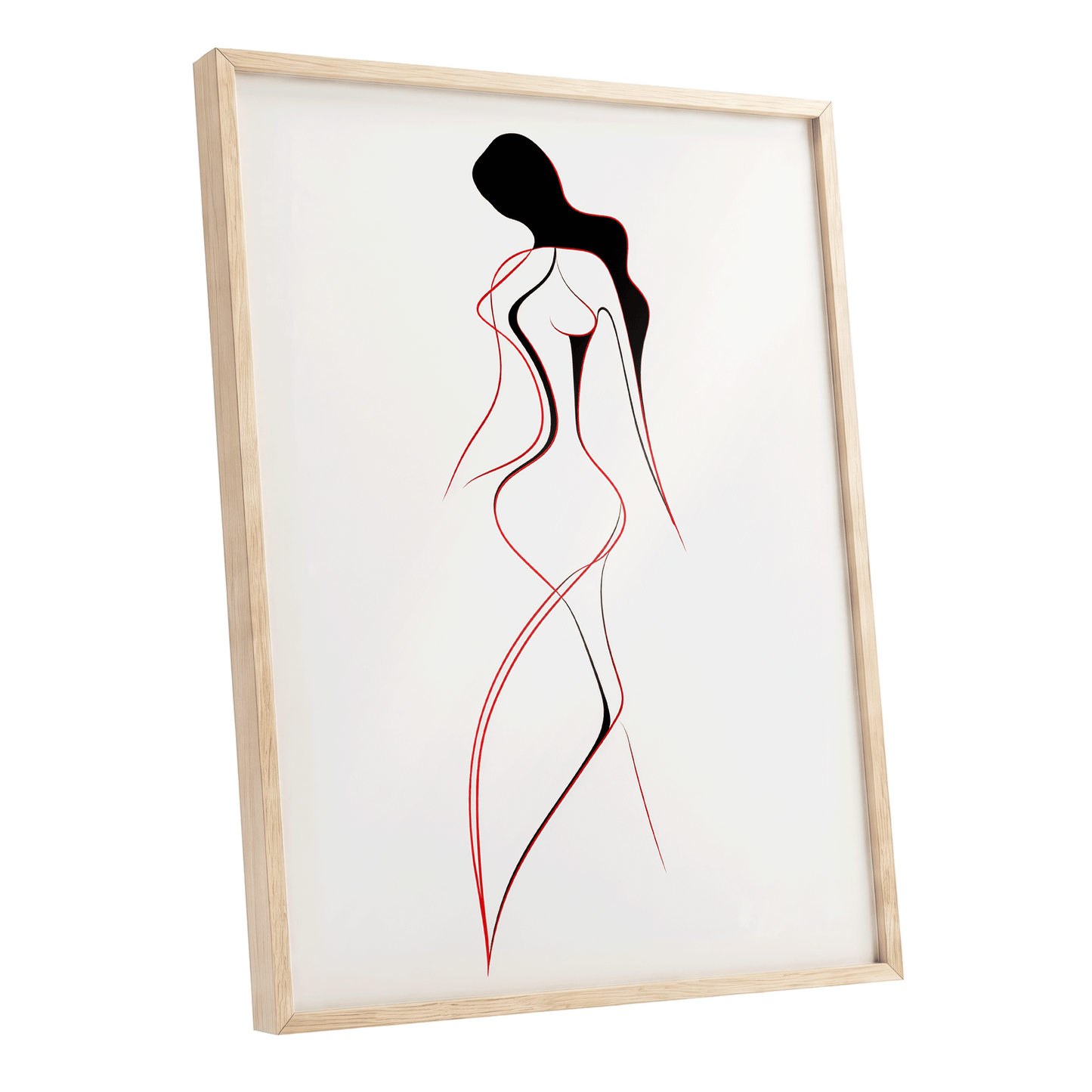 Scarlet Silhouette, black, red, beige minimalist wall art shown as a oak framed poster wall art print
