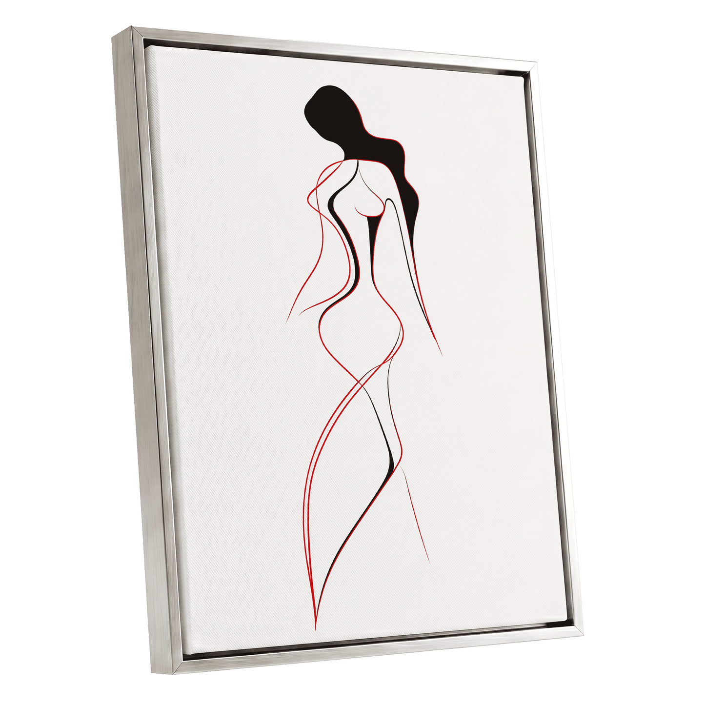 Scarlet Silhouette, black, red, beige minimalist wall art shown as a silver framed canvas wall art
