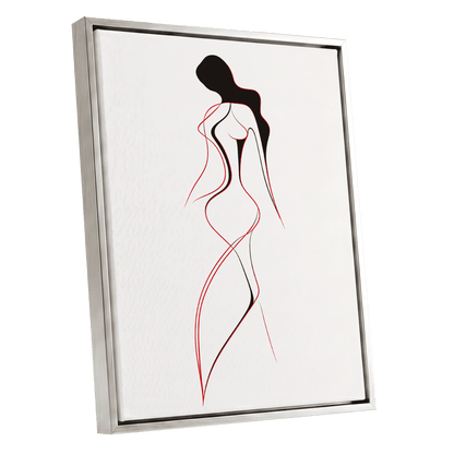 Scarlet Silhouette, black, red, beige minimalist wall art shown as a silver framed canvas wall art