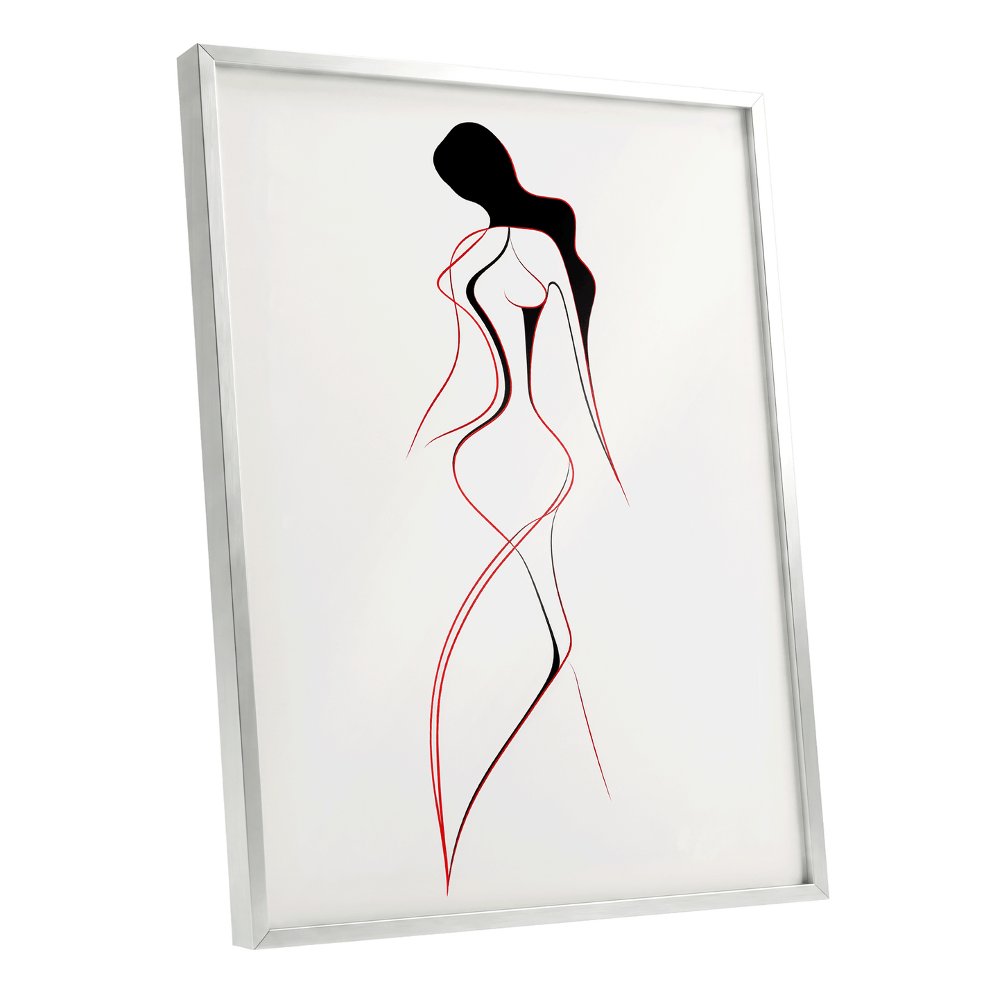 Scarlet Silhouette, black, red, beige minimalist wall art shown as a silver framed poster wall art print