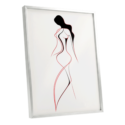 Scarlet Silhouette, black, red, beige minimalist wall art shown as a silver framed poster wall art print