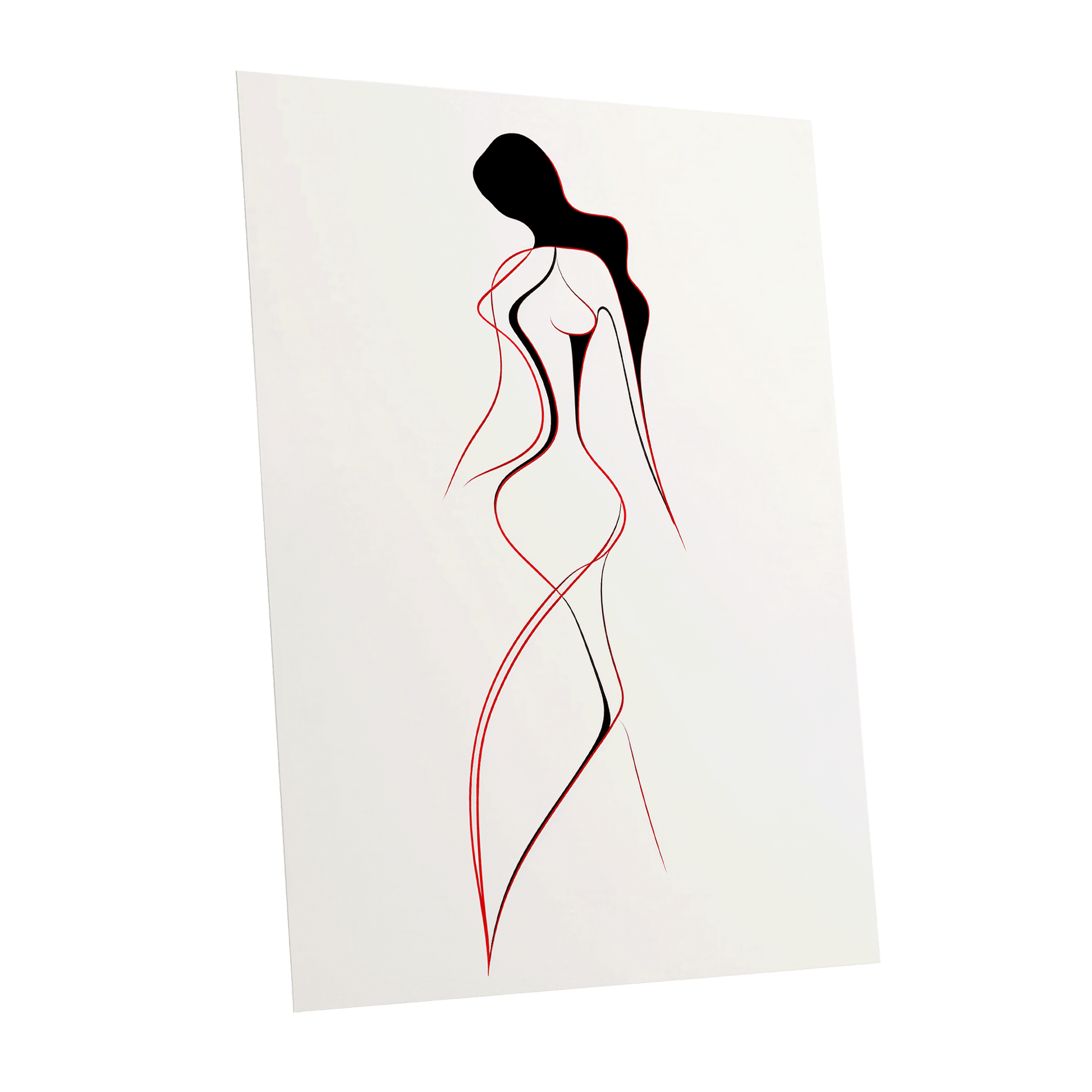 Scarlet Silhouette, black, red, beige minimalist wall art shown as a unframed poster wall art print
