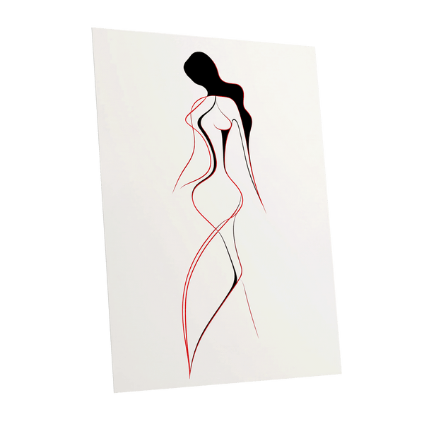 Scarlet Silhouette, black, red, beige minimalist wall art shown as a unframed poster wall art print