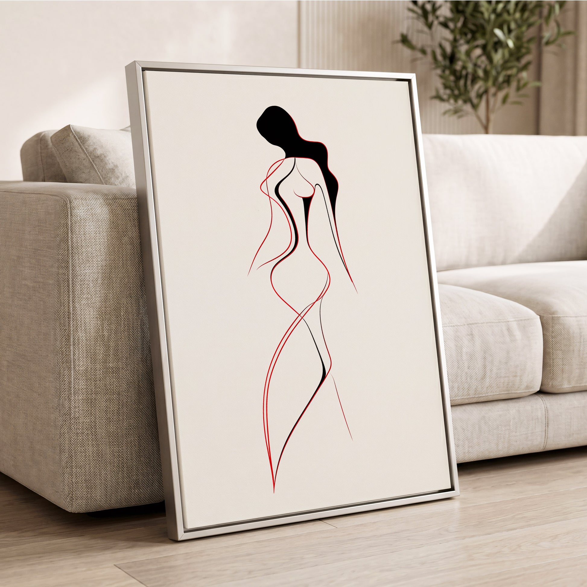 Scarlet Silhouette, black, red, beige minimalist wall art displayed in a styled interior, gallery view 2