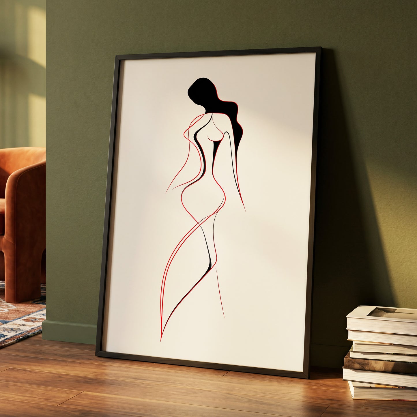 Scarlet Silhouette, black, red, beige minimalist wall art displayed in a styled interior, gallery view 4