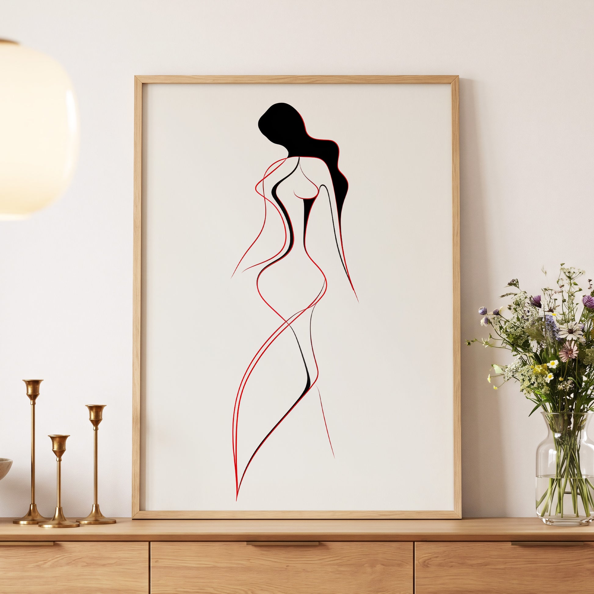 Scarlet Silhouette, black, red, beige minimalist wall art displayed in a styled interior, gallery view 5