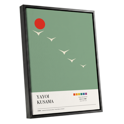 Scarlet Skyflight, green, beige, red nature wall art shown as a black framed canvas wall art