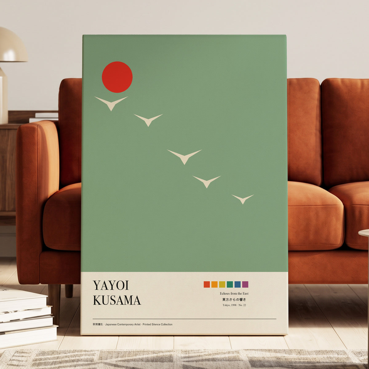 Scarlet Skyflight, green, beige, red nature wall art on canvas displayed in a styled interior, gallery view 1