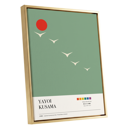 Scarlet Skyflight, green, beige, red nature wall art shown as a gold framed canvas wall art