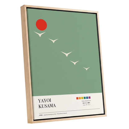 Scarlet Skyflight, green, beige, red nature wall art shown as a oak framed canvas wall art