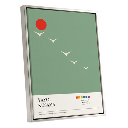 Scarlet Skyflight, green, beige, red nature wall art shown as a silver framed canvas wall art