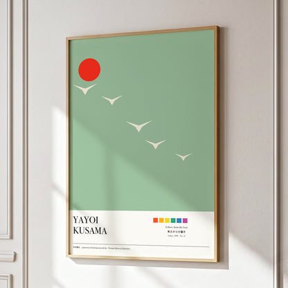 Scarlet Skyflight, green, beige, red nature wall art displayed in a styled interior, gallery view 1