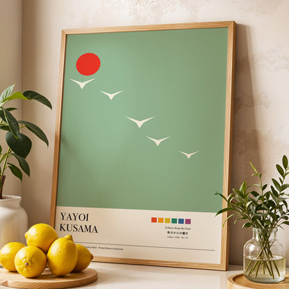 Scarlet Skyflight, green, beige, red nature wall art displayed in a styled interior, gallery view 3