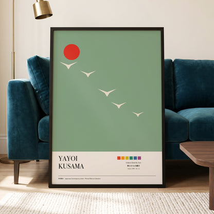 Scarlet Skyflight, green, beige, red nature wall art displayed in a styled interior, gallery view 5