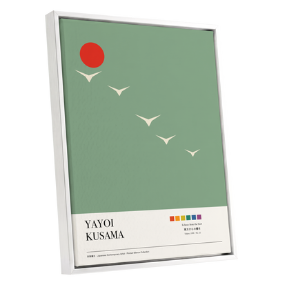 Scarlet Skyflight, green, beige, red nature wall art shown as a white framed canvas wall art