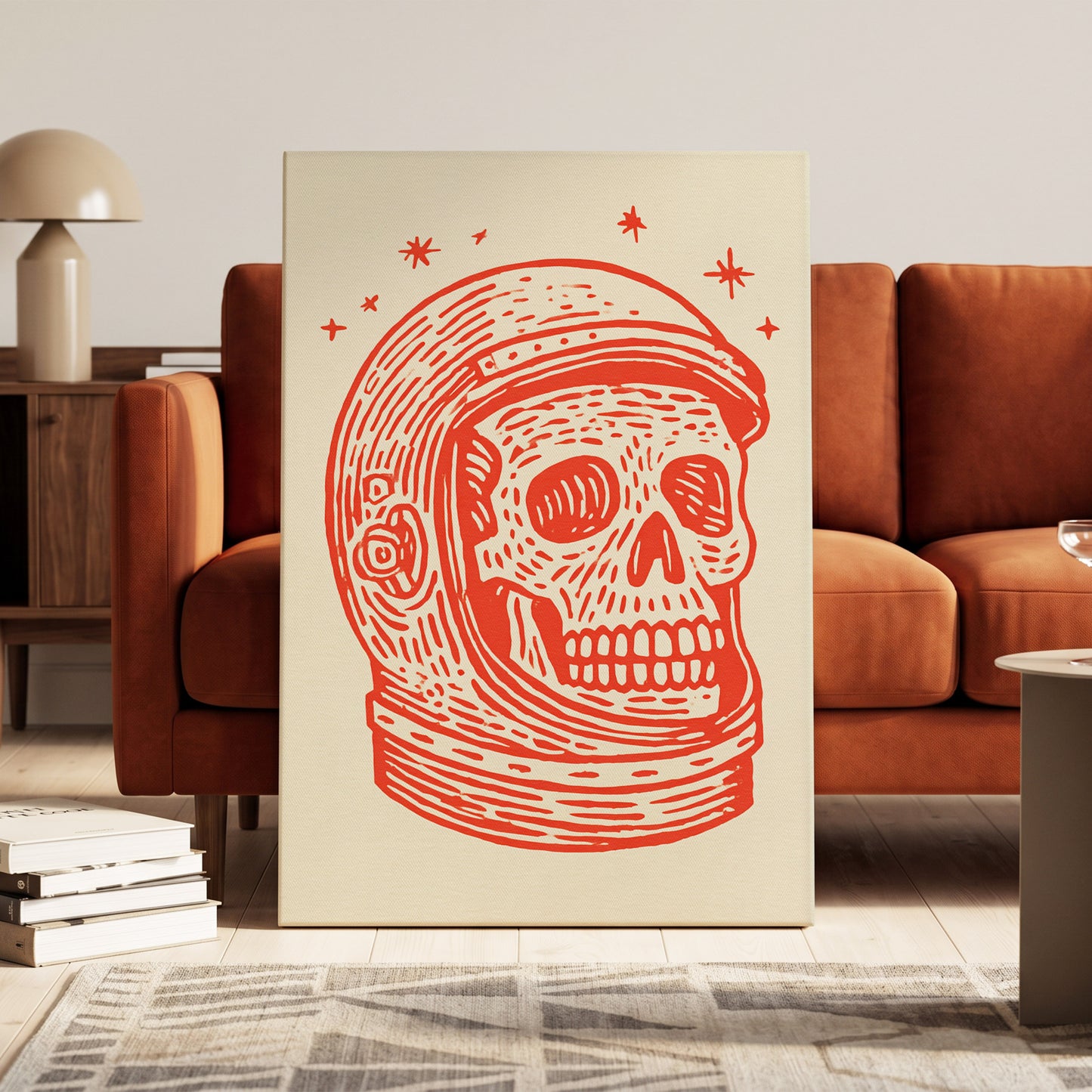 Scarlet Space Relic, red, beige, white minimalist wall art on canvas displayed in a styled interior, gallery view 1