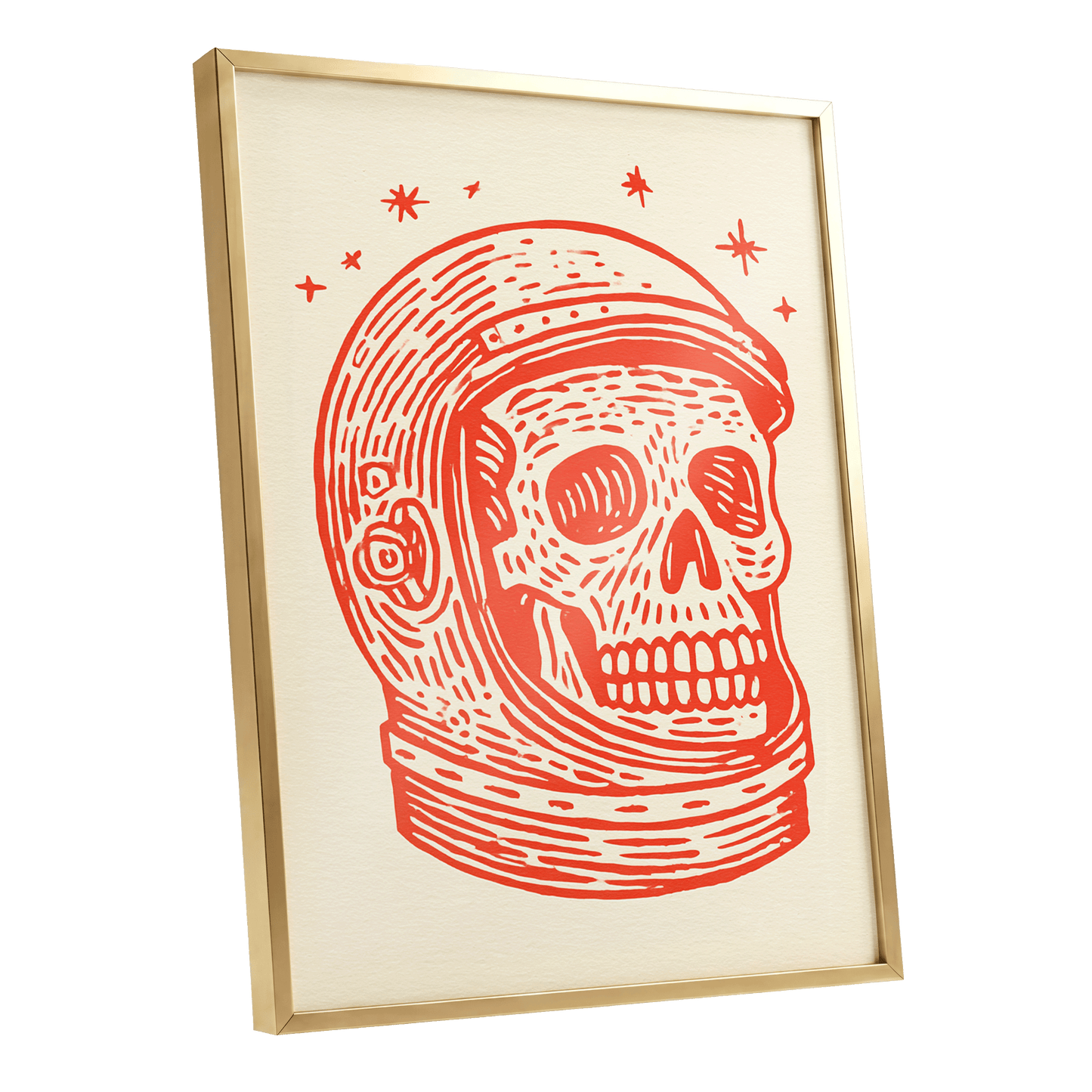 Scarlet Space Relic, red, beige, white minimalist wall art shown as a gold framed poster wall art print