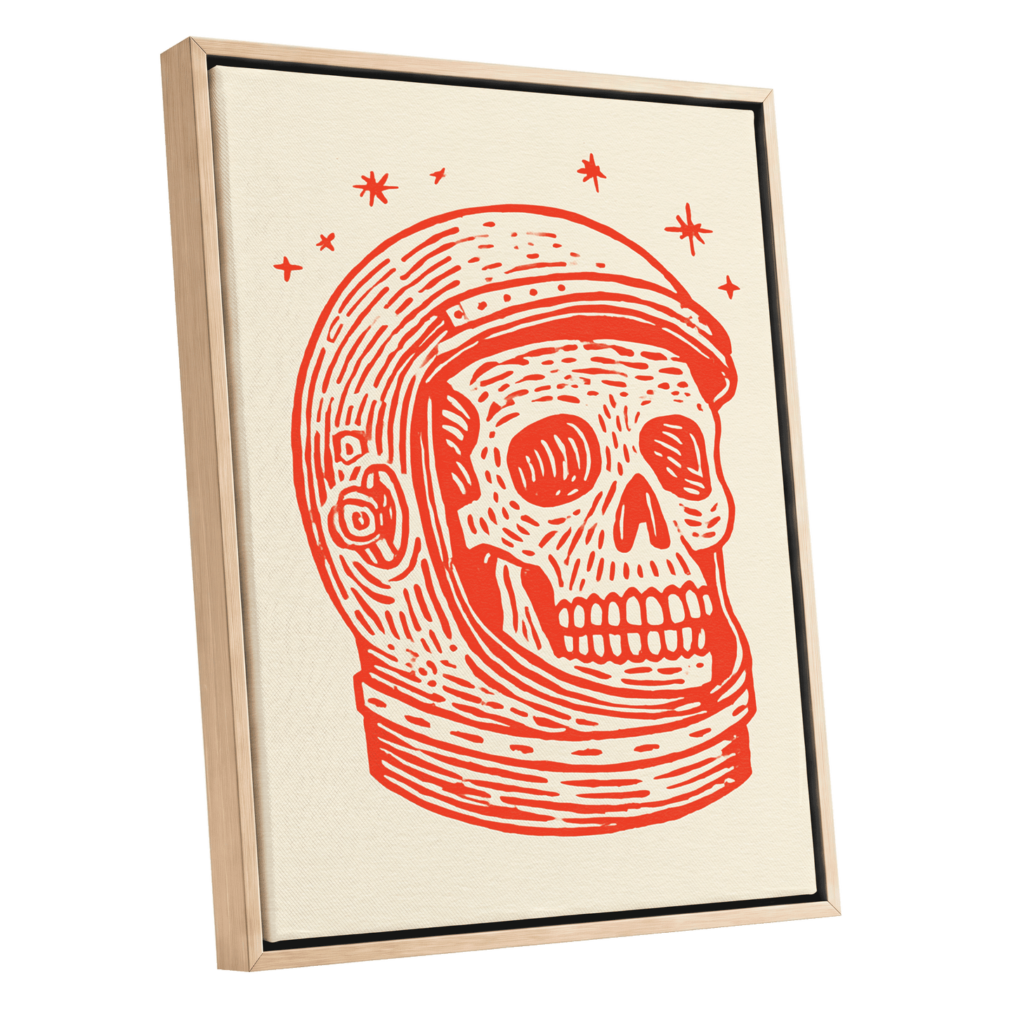 Scarlet Space Relic, red, beige, white minimalist wall art shown as a oak framed canvas wall art