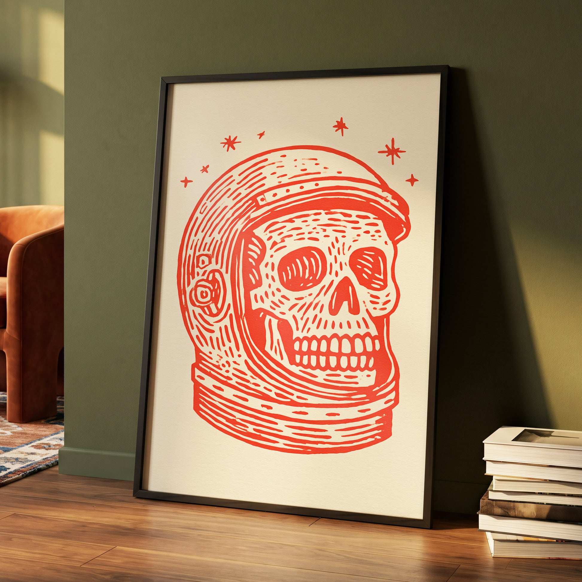 Scarlet Space Relic, red, beige, white minimalist wall art displayed in a styled interior, gallery view 4