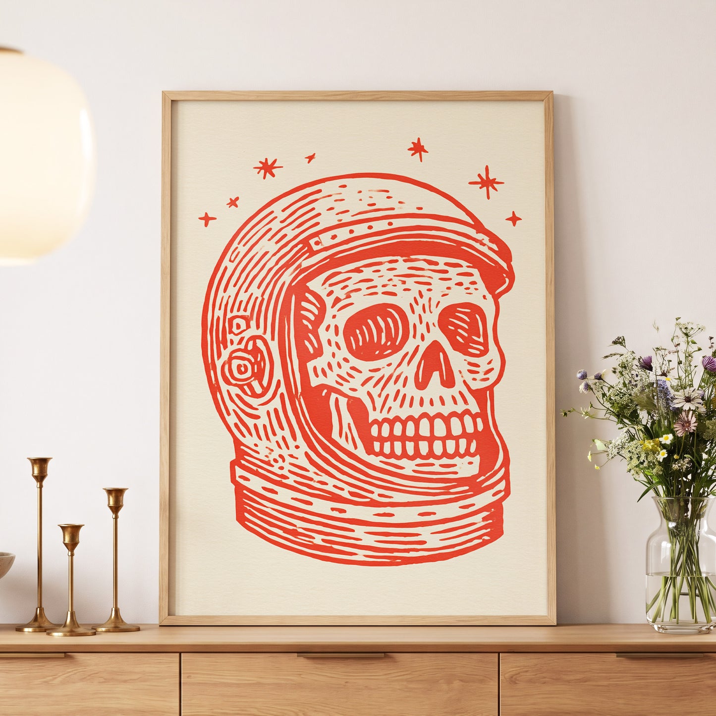 Scarlet Space Relic, red, beige, white minimalist wall art displayed in a styled interior, gallery view 5