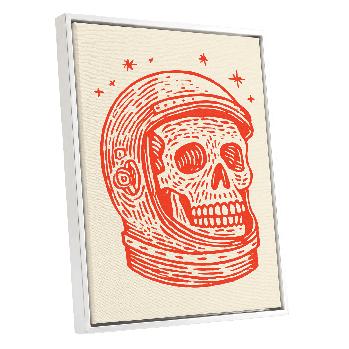Scarlet Space Relic, red, beige, white minimalist wall art shown as a white framed canvas wall art
