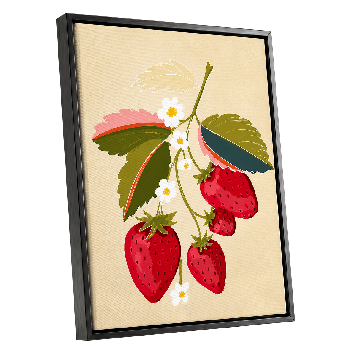 Scarlet Strawberry Sprig, red, green, beige nature wall art shown as a black framed canvas wall art