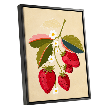 Scarlet Strawberry Sprig, red, green, beige nature wall art shown as a black framed canvas wall art