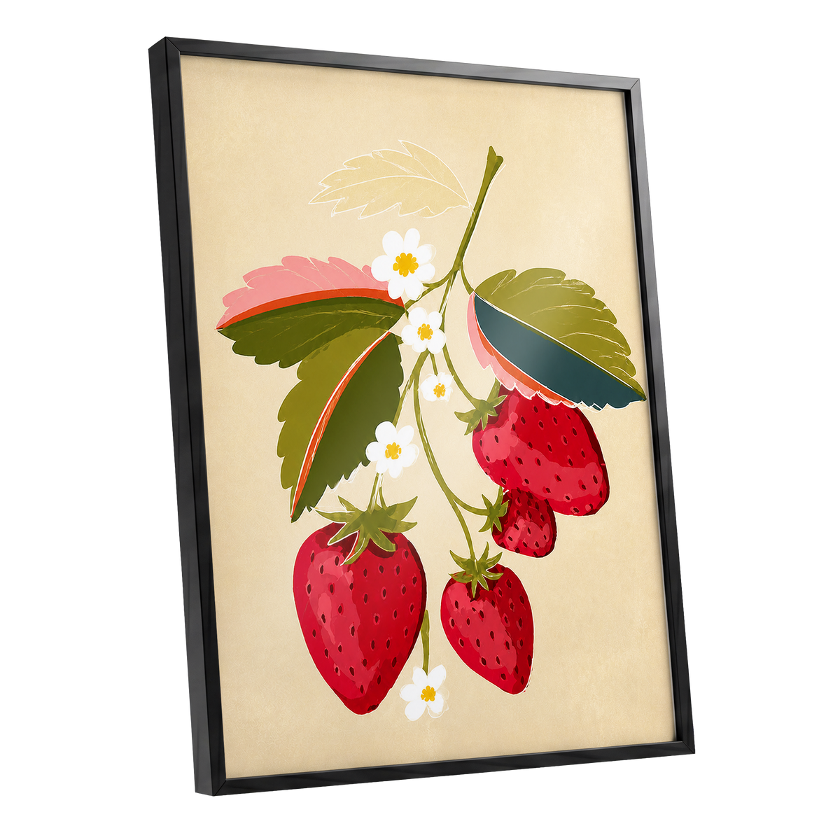 Scarlet Strawberry Sprig, red, green, beige nature wall art shown as a black framed poster wall art print