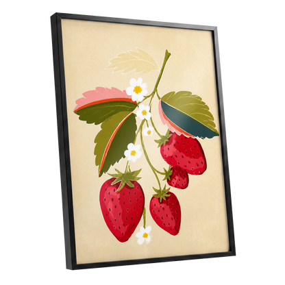 Scarlet Strawberry Sprig, red, green, beige nature wall art shown as a black framed poster wall art print