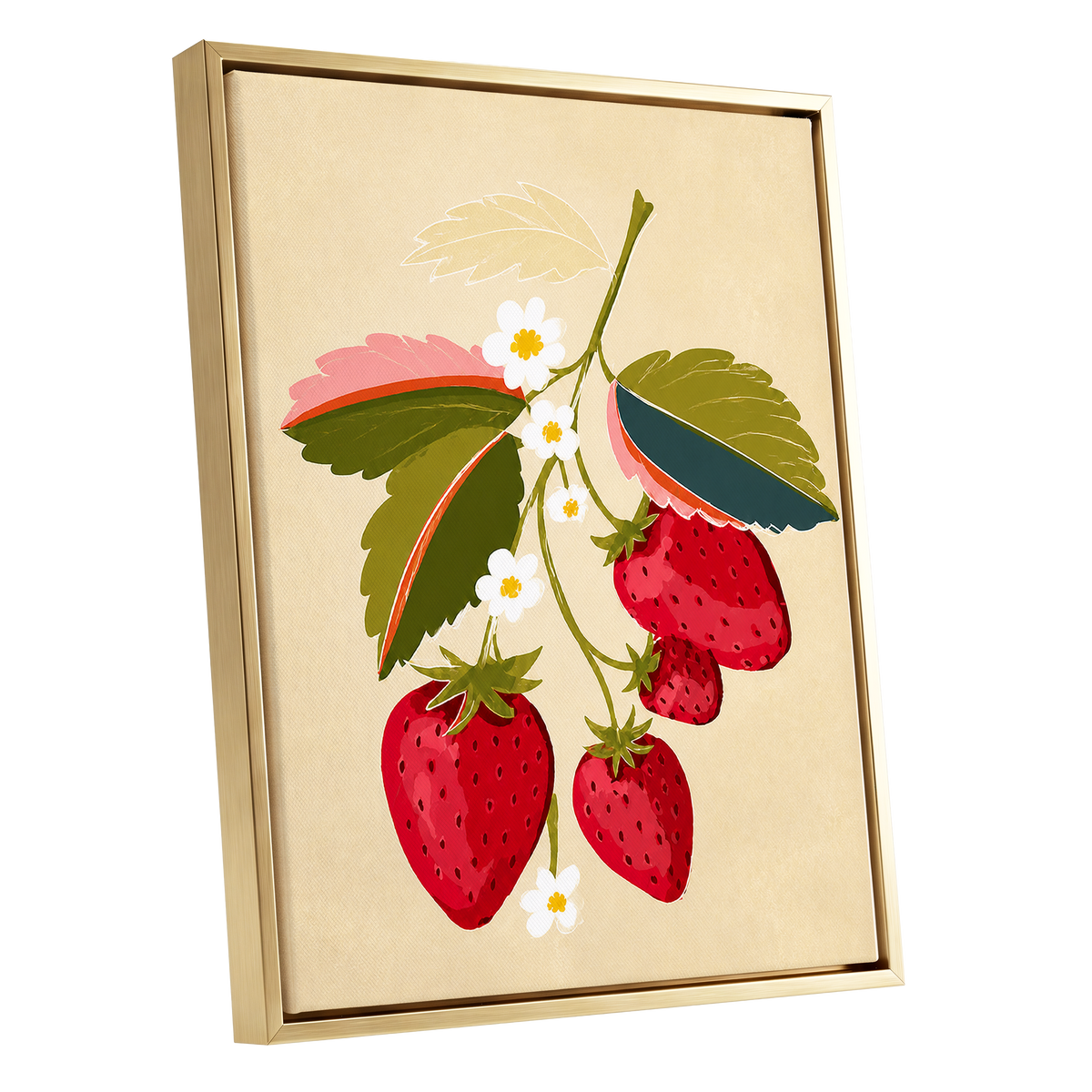 Scarlet Strawberry Sprig, red, green, beige nature wall art shown as a gold framed canvas wall art