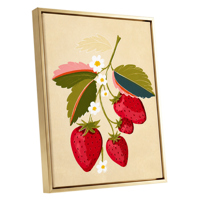 Scarlet Strawberry Sprig, red, green, beige nature wall art shown as a gold framed canvas wall art
