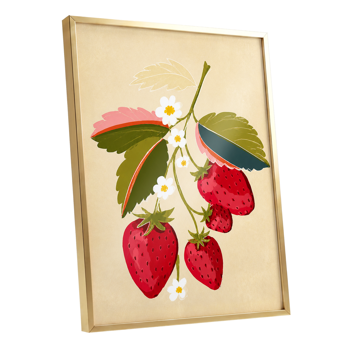 Scarlet Strawberry Sprig, red, green, beige nature wall art shown as a gold framed poster wall art print