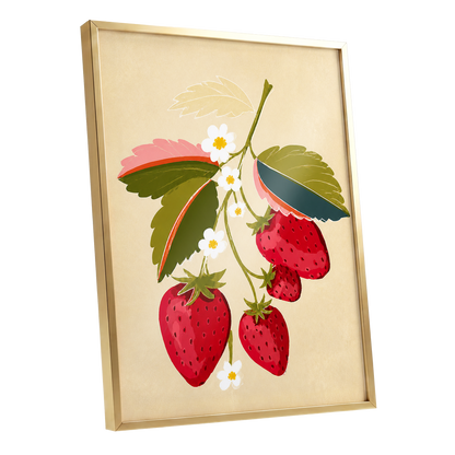 Scarlet Strawberry Sprig, red, green, beige nature wall art shown as a gold framed poster wall art print
