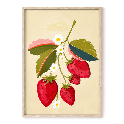 Scarlet Strawberry Sprig, red, green, beige nature wall art, front artwork view