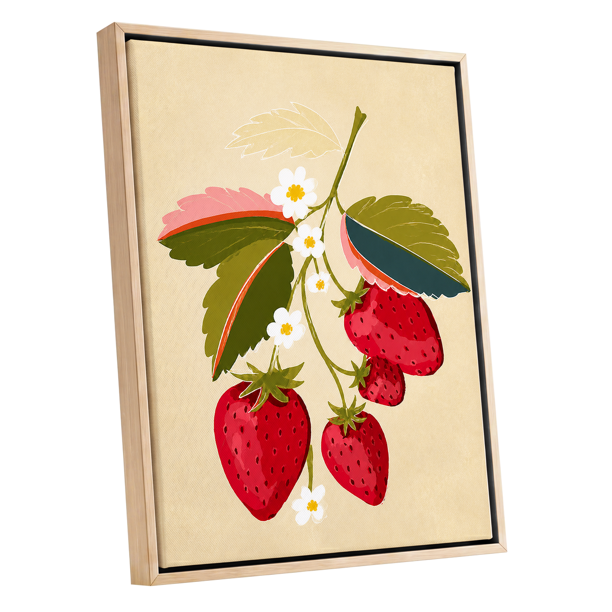Scarlet Strawberry Sprig, red, green, beige nature wall art shown as a oak framed canvas wall art