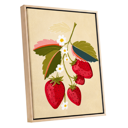 Scarlet Strawberry Sprig, red, green, beige nature wall art shown as a oak framed canvas wall art