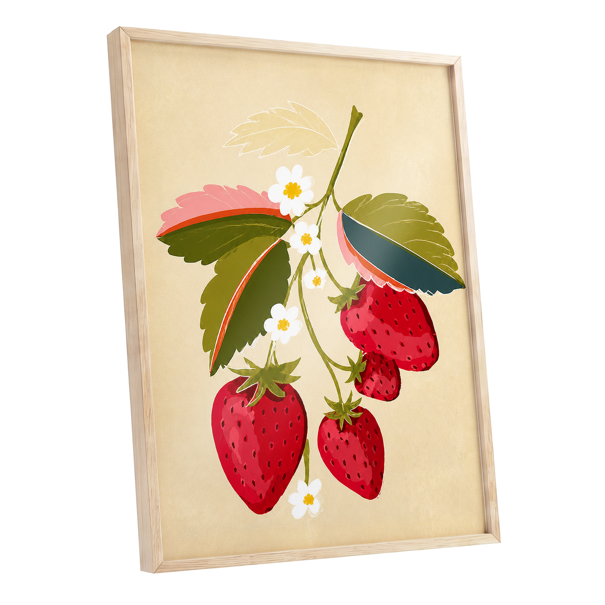 Scarlet Strawberry Sprig, red, green, beige nature wall art shown as a oak framed poster wall art print