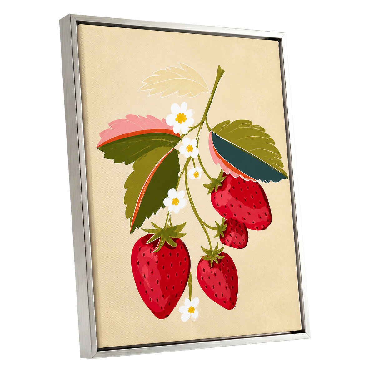 Scarlet Strawberry Sprig, red, green, beige nature wall art shown as a silver framed canvas wall art