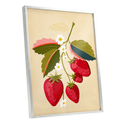 Scarlet Strawberry Sprig, red, green, beige nature wall art shown as a silver framed poster wall art print
