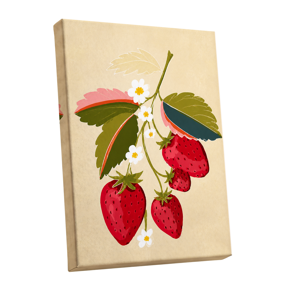 Scarlet Strawberry Sprig, red, green, beige nature wall art shown as a stretched canvas wall art