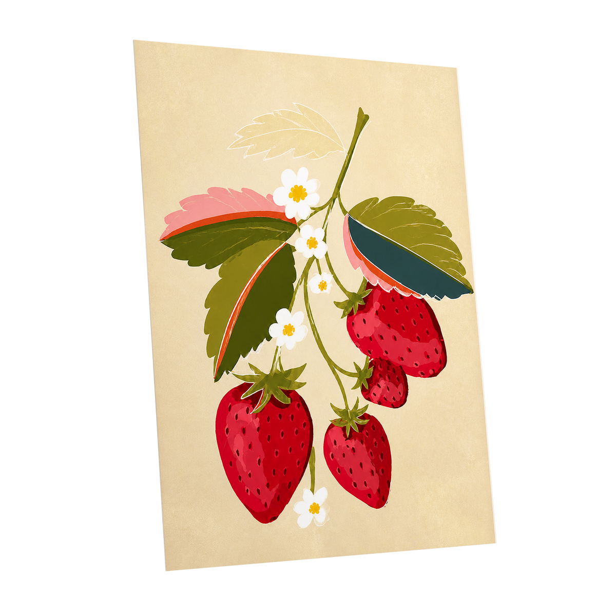 Scarlet Strawberry Sprig, red, green, beige nature wall art shown as a unframed poster wall art print